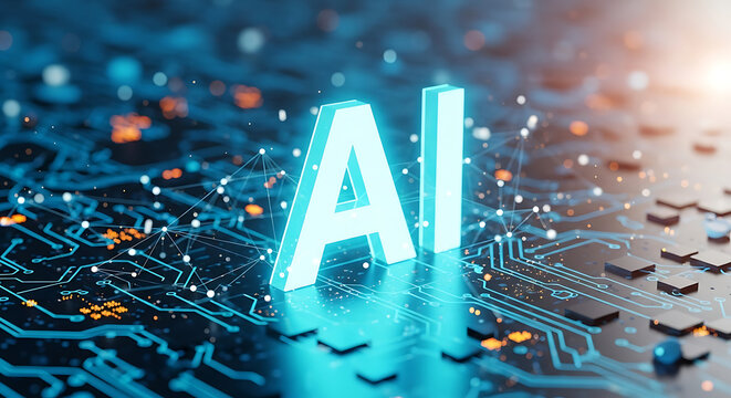 Artificial intelligence symbol integrated into a digital circuit board environment for advanced computing and machine learning development applications