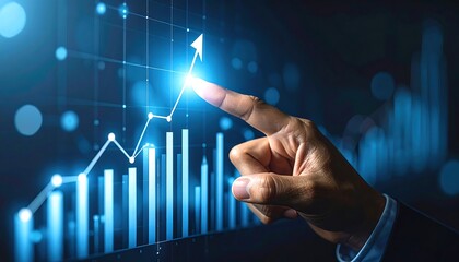 Hand interacts with a glowing upward trending graph displayed on a dark background