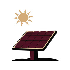 Solar panel icon with sun in burgundy and sand on white, renewable energy