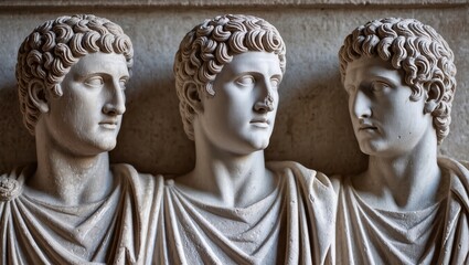 Obraz premium Classical Roman Sculptures Displaying Three Busts of Youthful Men with Curly Hair, Capturing Expressions of Contemplation and Elegance in Stone Craftsmanship