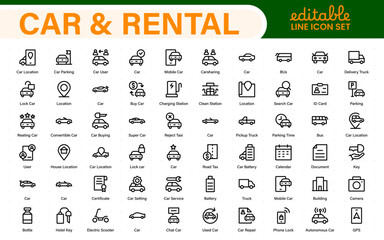 Car and rental icons in modern thin line style. Covers vehicle hire, transport services, road trips, navigation, fuel, maintenance, and car-related logistics.