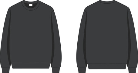 Black crewneck sweatshirt mockup front and back view, flat vector design, blank unisex apparel template, casual clothing layout for fashion, branding, print design