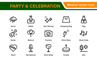 Party and celebration outline icon set – stylish thin line symbols of birthdays, anniversaries, weddings, holidays, decorations, gifts and festive occasions.