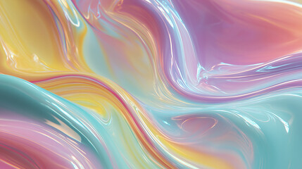 Obraz premium An abstract art piece depicting smooth, flowing liquid in vibrant, interconnected pastel colors with a glossy, reflective surface. Ideal for modern, dynamic, and ethereal backgrounds