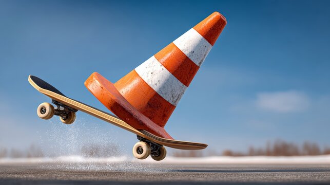 Skateboarder is riding a skateboard over a cone. The skateboarder is in mid-air and the cone is in the foreground. Concept of excitement and thrill as the skateboarder performs a trick