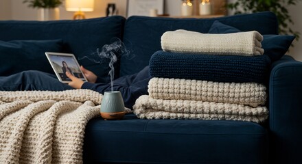 Person relaxing on a blue couch with a tablet surrounded by cozy blankets and an active essential oil diffuser