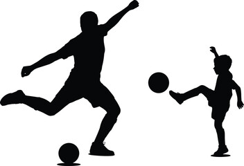 Silhouette of father and son playing soccer outdoors, joyful family bonding, parenting moments, active lifestyle, kids sports, soccer training