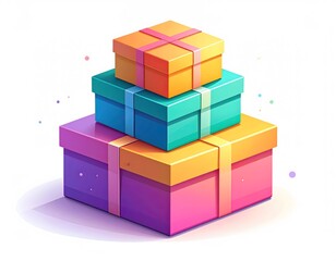Fototapeta premium Stack of three colorful gift boxes tied with ribbons, arranged in a pyramid shape on a white background.