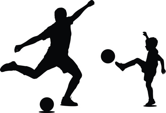 Silhouette of father and son playing soccer outdoors, joyful family bonding, parenting moments, active lifestyle, kids sports, soccer training - Powered by Adobe