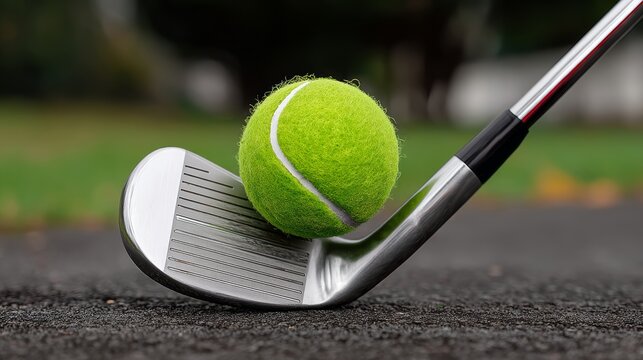 Golf club is resting on a tennis ball. The ball is green and white. Concept of leisure and relaxation, as it combines two popular sports, golf and tennis - Powered by Adobe
