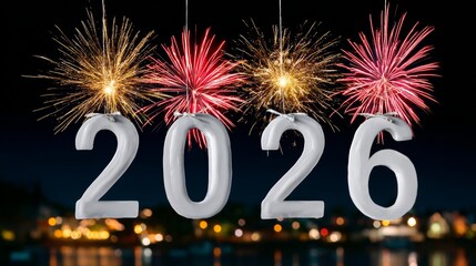 Series of fireworks are suspended above the numbers 20 and 2016. The fireworks are lit up in red, yellow, and white, creating a festive and celebratory atmosphere