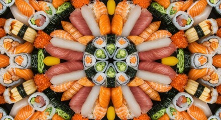 Striking symmetrical pattern of various colorful sushi rolls and sashimi on a black background