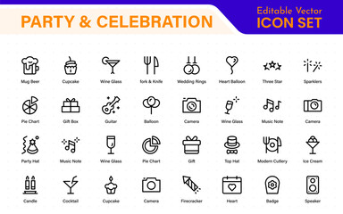 Party and celebration outline icon set – stylish thin line symbols of birthdays, anniversaries, weddings, holidays, decorations, gifts and festive occasions.