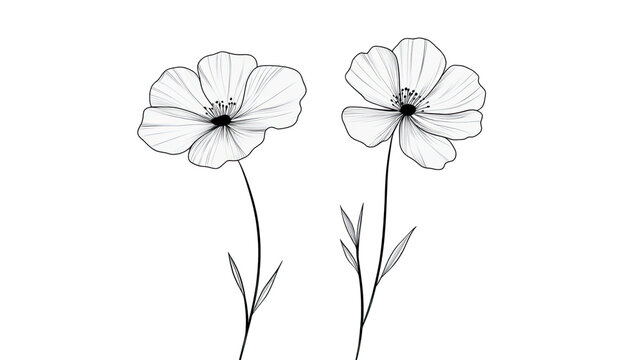 Title: Minimalist Cute Floral Pair Illustration in Simple Black and White Isolated on White Background