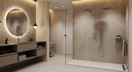 Elegant bathroom with modern fixtures, round mirror and double rain shower experience