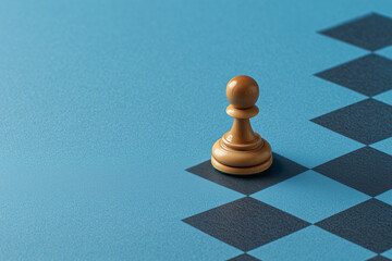 Wooden Chess Pawn on Blue Board. Wooden pawn on a blue checkerboard. Ideal for strategy, decision-making themes, or chess-related events.