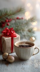 A steaming mug of coffee sits beside a small wrapped gift box tied with red ribbon. Pine sprigs and golden baubles add festive charm to the scene, all bathed in soft morning light