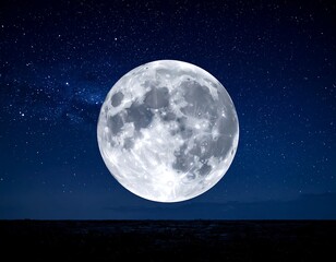 Full moon dominates a night sky strewn with stars and the Milky Way, rising over a dark, flat horizon