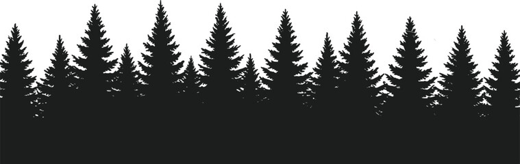 Black silhouette of a dense coniferous forest or pine tree line, creating a beautiful nature landscape for backgrounds, symbolizing wilderness, winter, and outdoor adventure designs.