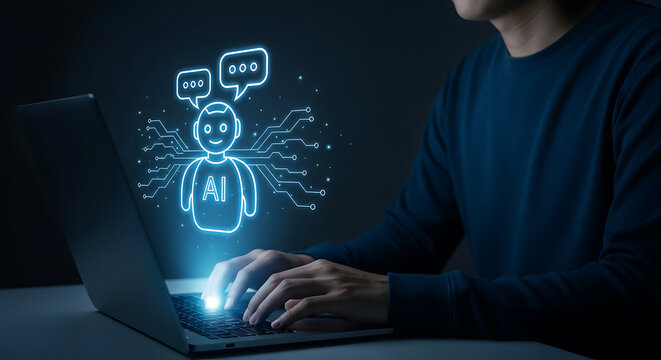 User interacting with artificial intelligence chatbot on laptop for automated customer support and digital communication efficiency