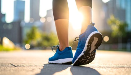 Low-angle close-up of runner's feet in blue athletic shoes on city path, sunlit