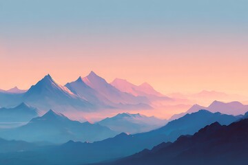 A stylized mountain range in soft pastel hues stretches across the horizon. The peaks blend into the sky with gradient transitions, creating a calming, meditative landscape