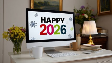 Computer monitor with a Happy 2016 sign on it. The monitor is on a desk with a cup of coffee and a vase of flowers