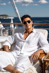 A yacht owner sitting relaxed, wearing stylish black sunglasses and a crisp white linen outfit