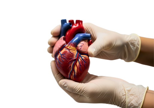 Gloved hands holding an anatomical human heart model
