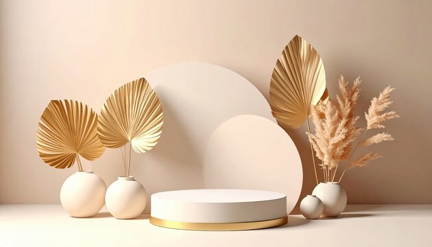 Elegant minimalist display with decorative vases and golden leaves studio setting still life art soft lighting aesthetic design