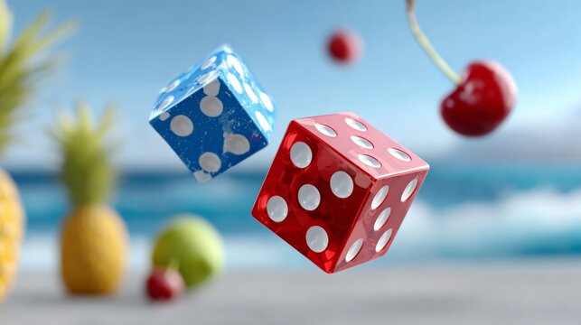 Two dice are flying in the air above a table with fruit on it. The fruit includes a pineapple and a cherry