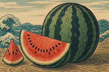 浮世絵風スイカと波 – 夏の涼しさと和の情緒