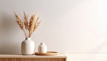 Elegant dried floral arrangement displayed in modern minimalist home interior decor soft natural light contemporary aesthetic