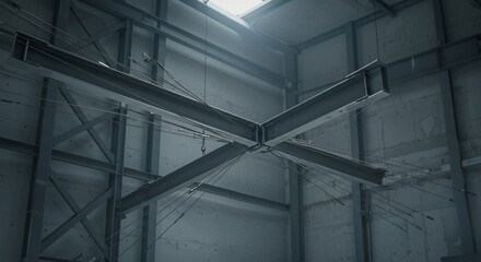 Suspended steel Ibeams form a cross with numerous radiating cables in a concrete and steel structure with a skylight