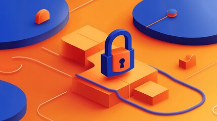 Isometric illustration featuring a padlock on orange blocks with blue accents around