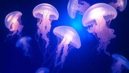 A group of jellyfish swimming in a dark blue ocean with glowing light shining on them in the background