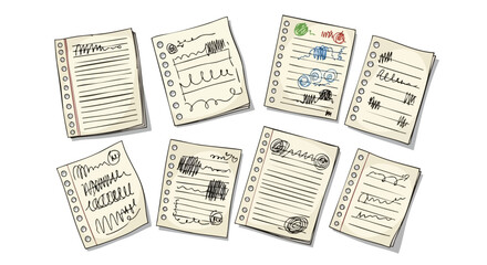 Several sheets of paper are scattered, each containing handwritten notes and drawings.