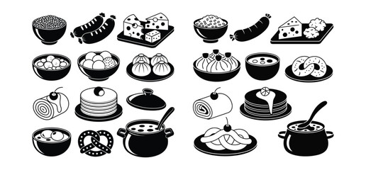 Black and white food icon set traditional and modern meal silhouette collection with white background