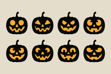 Eight spooky jack o lanterns with glowing faces on a light background