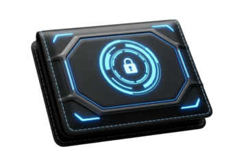 Futuristic digital wallet with security lock icon
