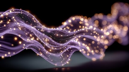 Glowing purple quantum-entangled particles, theoretical physics concept for science posters or digital backgrounds.