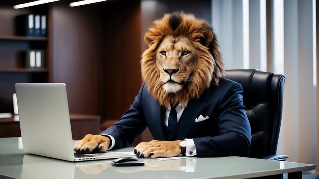 Business lion in suit works on laptop at desk in office. Professional manager or boss