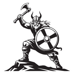 Illustration of a viking warrior with axe and shield in black and white