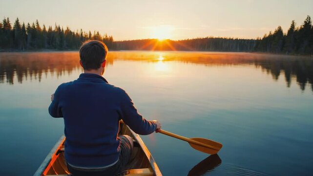Man in wooden canoe gliding over tranquil lake water under warm sunrise light at dawn