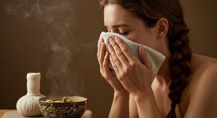 Woman with towel over face inhaling steam from a bowl of herbs with a white herbal compress