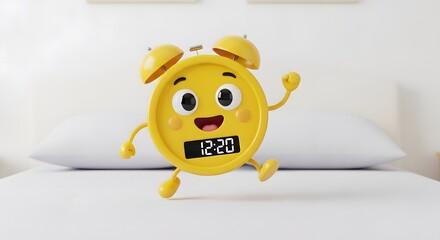 A cheerful, animated alarm clock character happily jumping on a bed, showing the time.