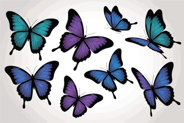 Collection of vibrant blue and purple butterflies in various poses