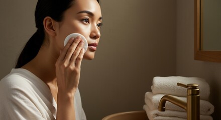 Young woman applying product to her face with a cotton pad in a bathroom