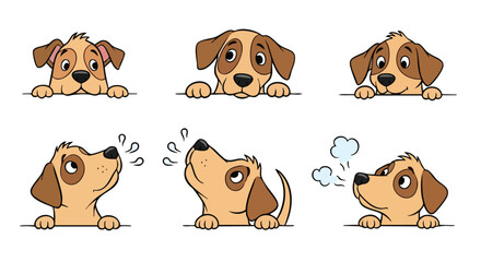 A collection of six cute cartoon puppies with brown and white fur, displaying various expressions and actions like peeking, sniffing, and exhaling.