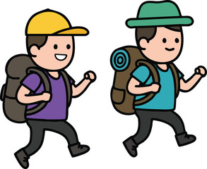 Two happy boys hiking with backpacks and caps in casual outdoor adventure activity vector illustration 